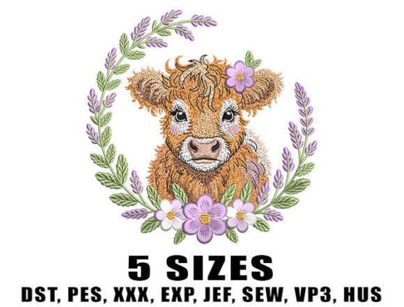 Curly Highland Cow with Floral Wreath